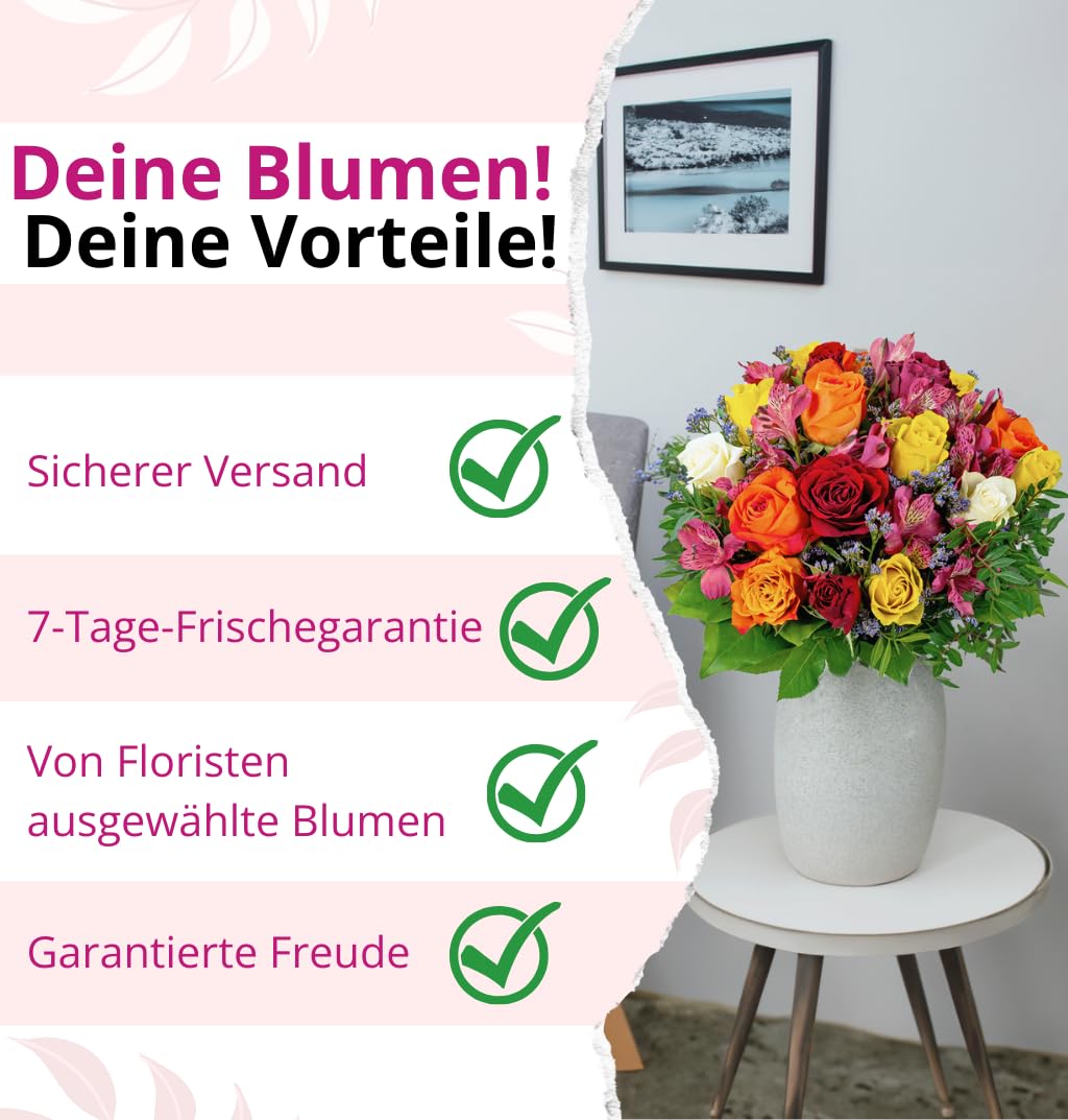 Blumenstrauß Farbtraum, Bunter mit Rosen, Inkalilien und Statice, 7-Tage-Frischegarantie, Qualität vom Floristen, handgebunden, perfekte Geschenkidee