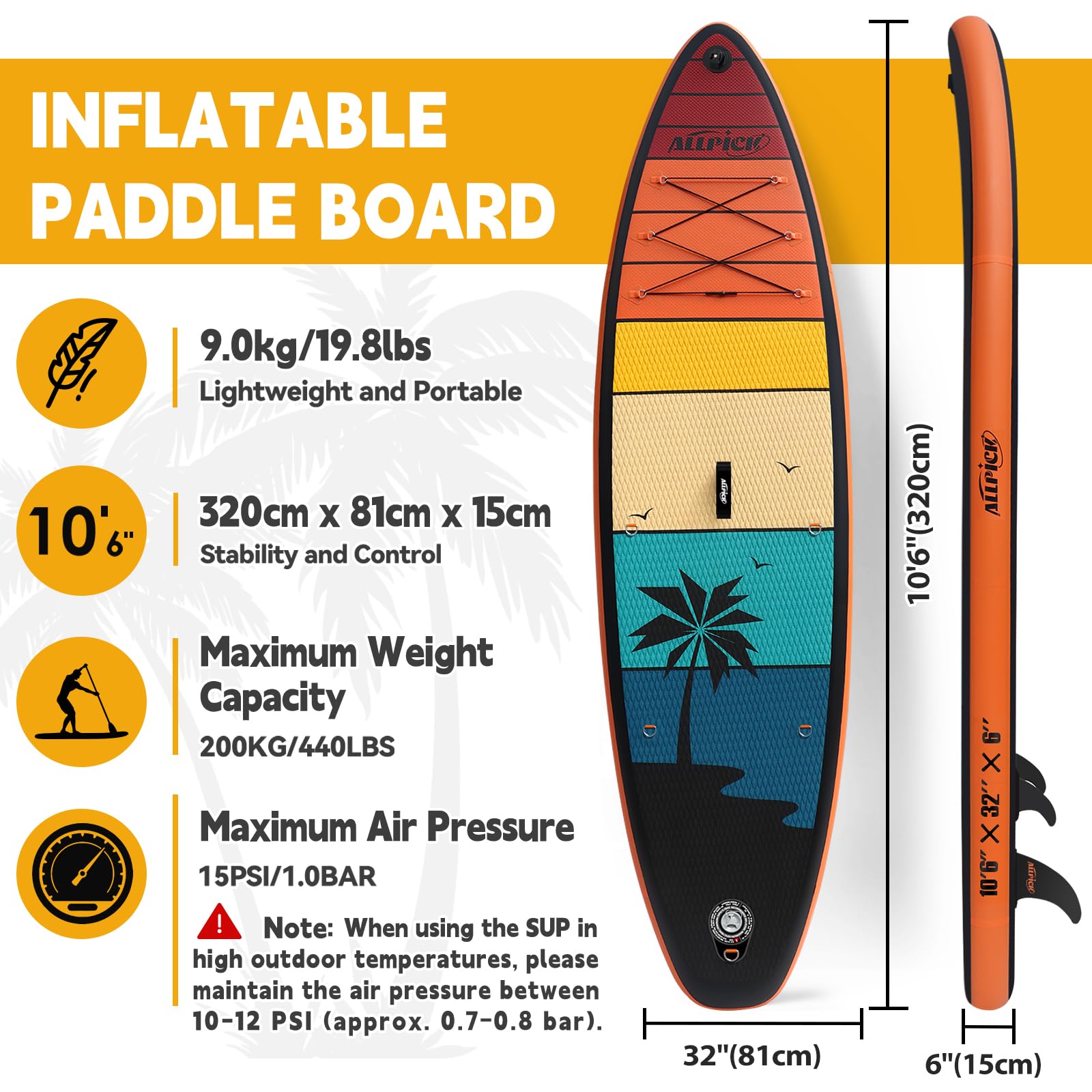 ALLPICK Premium SUP Board Set aufblasbar | Stand Up Paddle Board mit Kamera-Halterung, Zubehör & Paddel | 150–180 kg Tragkraft