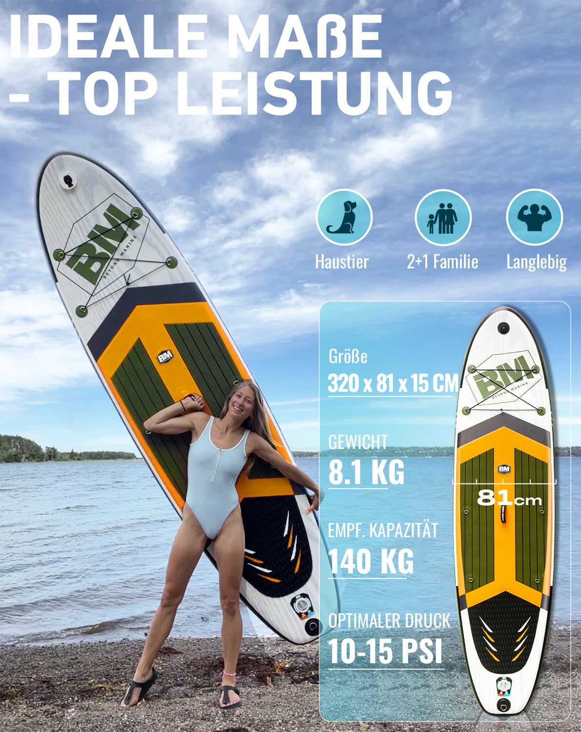 BEYOND MARINA SUP Board aufblasbar 320x81x15cm | Stand Up Paddle Board mit Sitz & 2-in-1 Paddel | Komplettset mit Pumpe, Rucksack & Leash