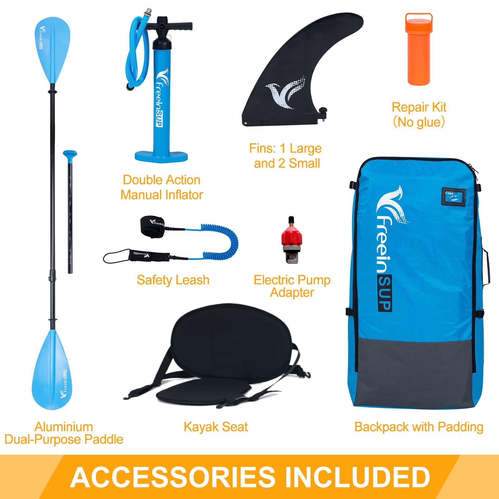 freein Kajak SUP Board Set aufblasbar 320x79x15cm (10’6’’) | Komplettset mit Kajaksitz, Kamerahalterung, Paddel, Fußschlaufe & Rucksack