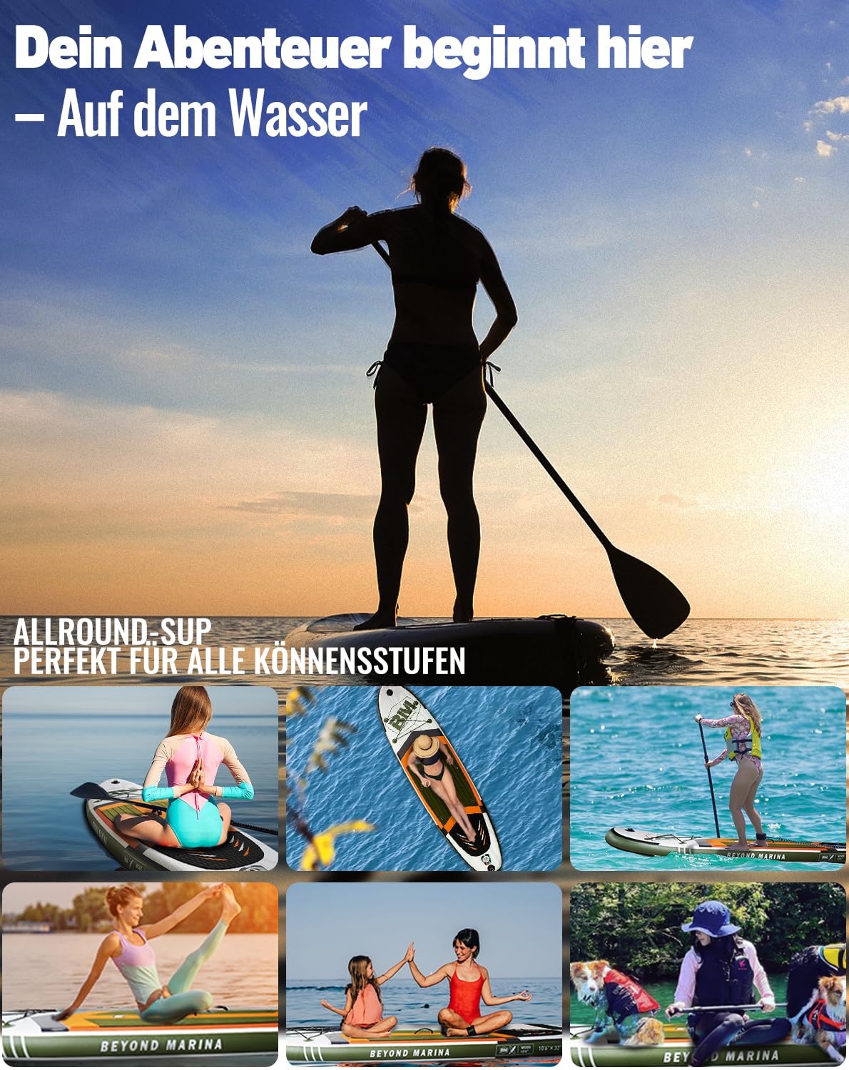 BEYOND MARINA SUP Board aufblasbar 320x81x15cm | Stand Up Paddle Board mit Sitz & 2-in-1 Paddel | Komplettset mit Pumpe, Rucksack & Leash
