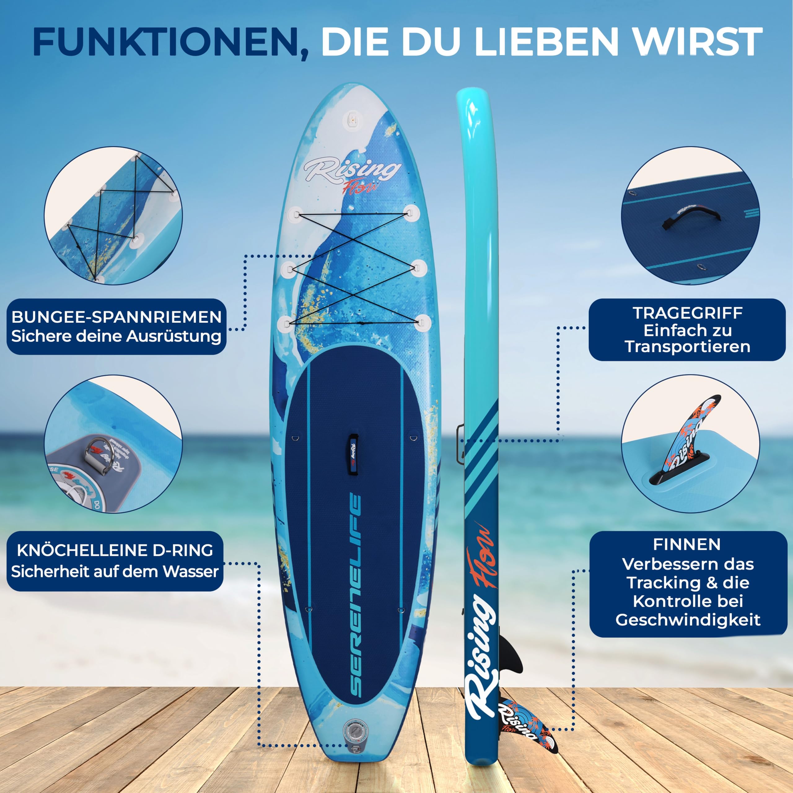 SereneLife Aufblasbares Stand Up Paddle Board Set | Komplettes SUP-Set mit Paddel, Pumpe, Sicherheitsleine, Finne & Rucksack