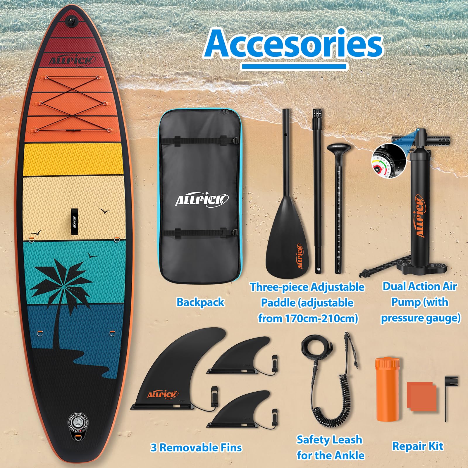 ALLPICK Premium SUP Board Set aufblasbar | Stand Up Paddle Board mit Kamera-Halterung, Zubehör & Paddel | 150–180 kg Tragkraft