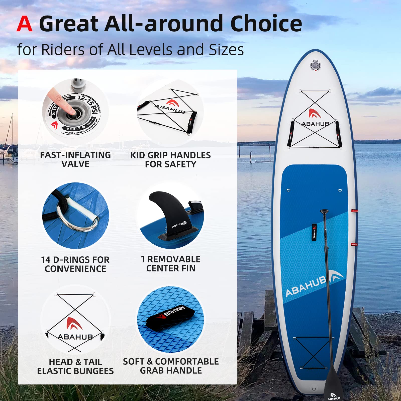 Abahub SUP Board aufblasbar 320×78×15 cm | Stand Up Paddle Board Set mit Paddel & Kajaksitz | Blau/Grün/Orange/Rot