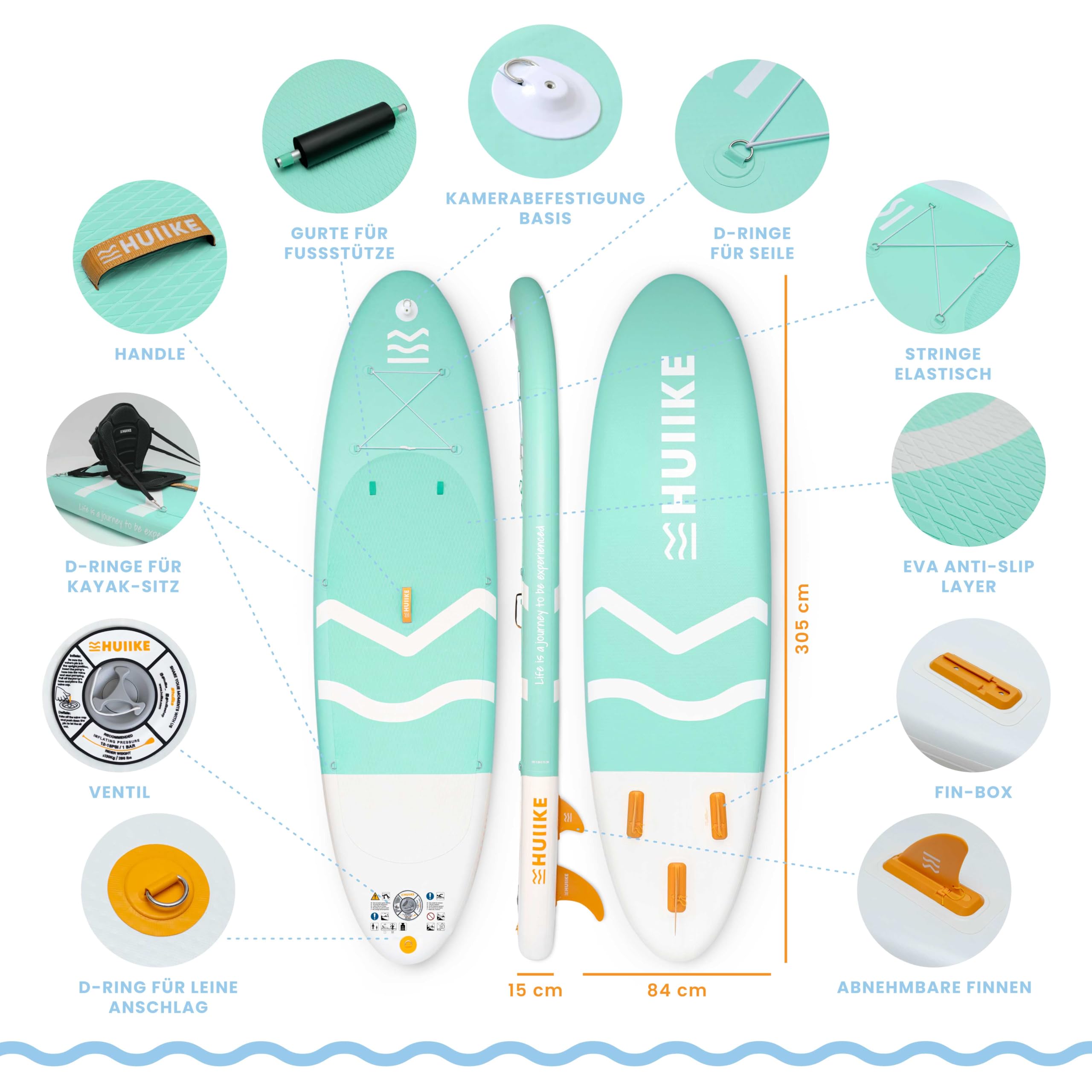 HUIIKE Stand Up Paddle Board Set aufblasbar 305x84x15cm | Komplettset mit Paddel, Finnen & Pumpe | Hohe Stabilität & Widerstandsfähigkeit