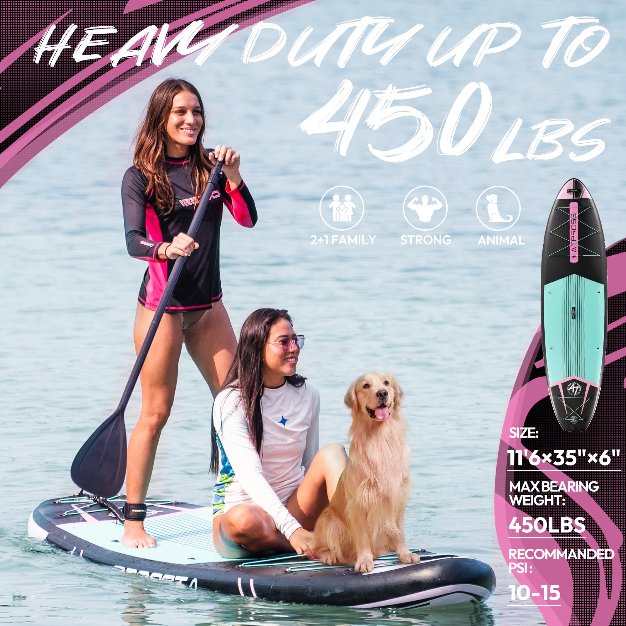 ATPROSS SUP Board aufblasbar 350x89x15cm, Extra breites Stand Up Paddle Board 200 kg, inkl. Zubehör & Rucksack,, Surfen, Kajak