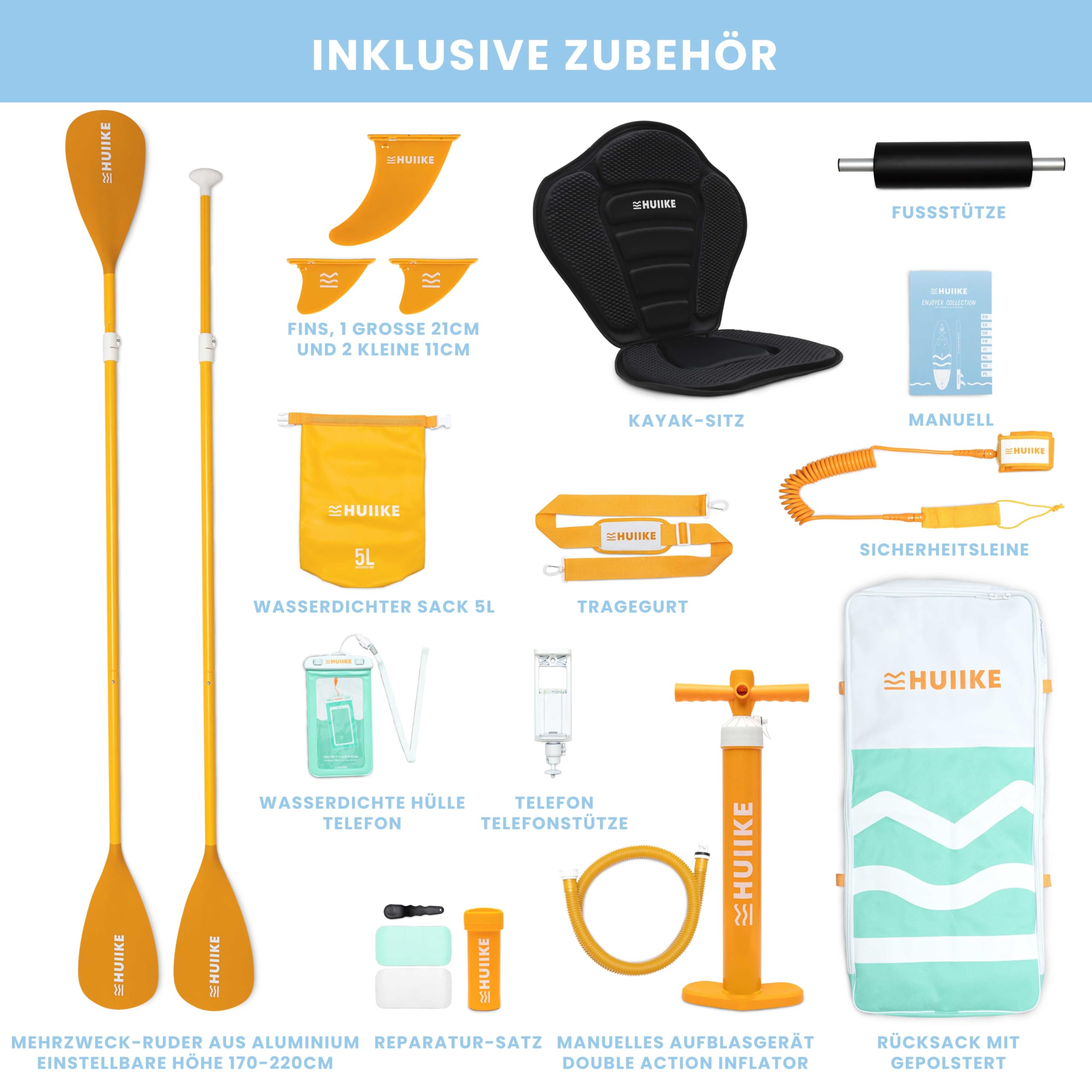 HUIIKE Stand Up Paddle Board Set aufblasbar 305x84x15cm | Komplettset mit Paddel, Finnen & Pumpe | Hohe Stabilität & Widerstandsfähigkeit