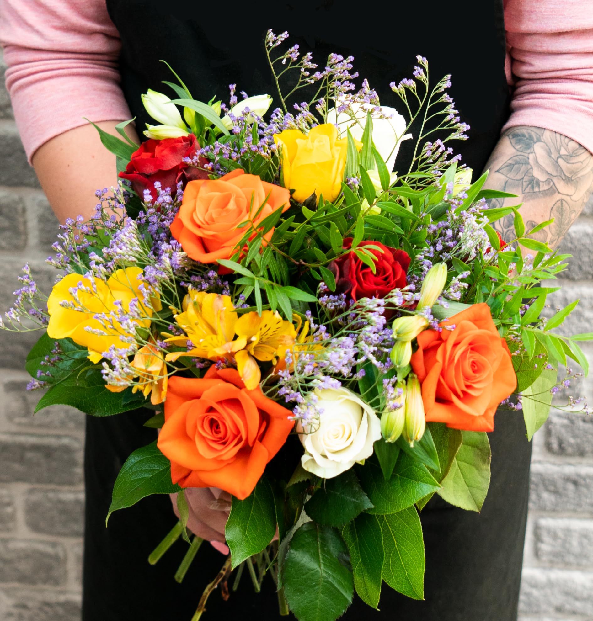 Blumenstrauß Farbtraum, Bunter mit Rosen, Inkalilien und Statice, 7-Tage-Frischegarantie, Qualität vom Floristen, handgebunden, perfekte Geschenkidee