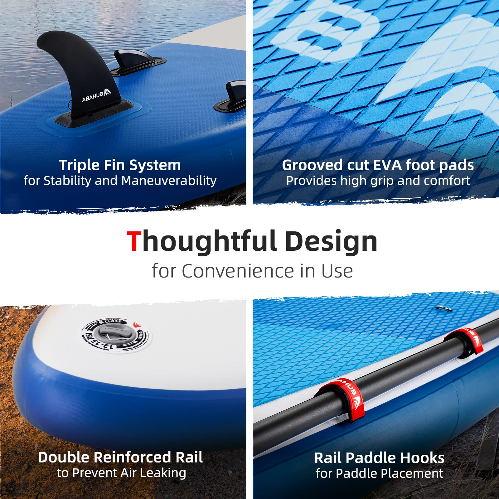 Abahub SUP Board aufblasbar 320×78×15 cm | Stand Up Paddle Board Set mit Paddel & Kajaksitz | Blau/Grün/Orange/Rot