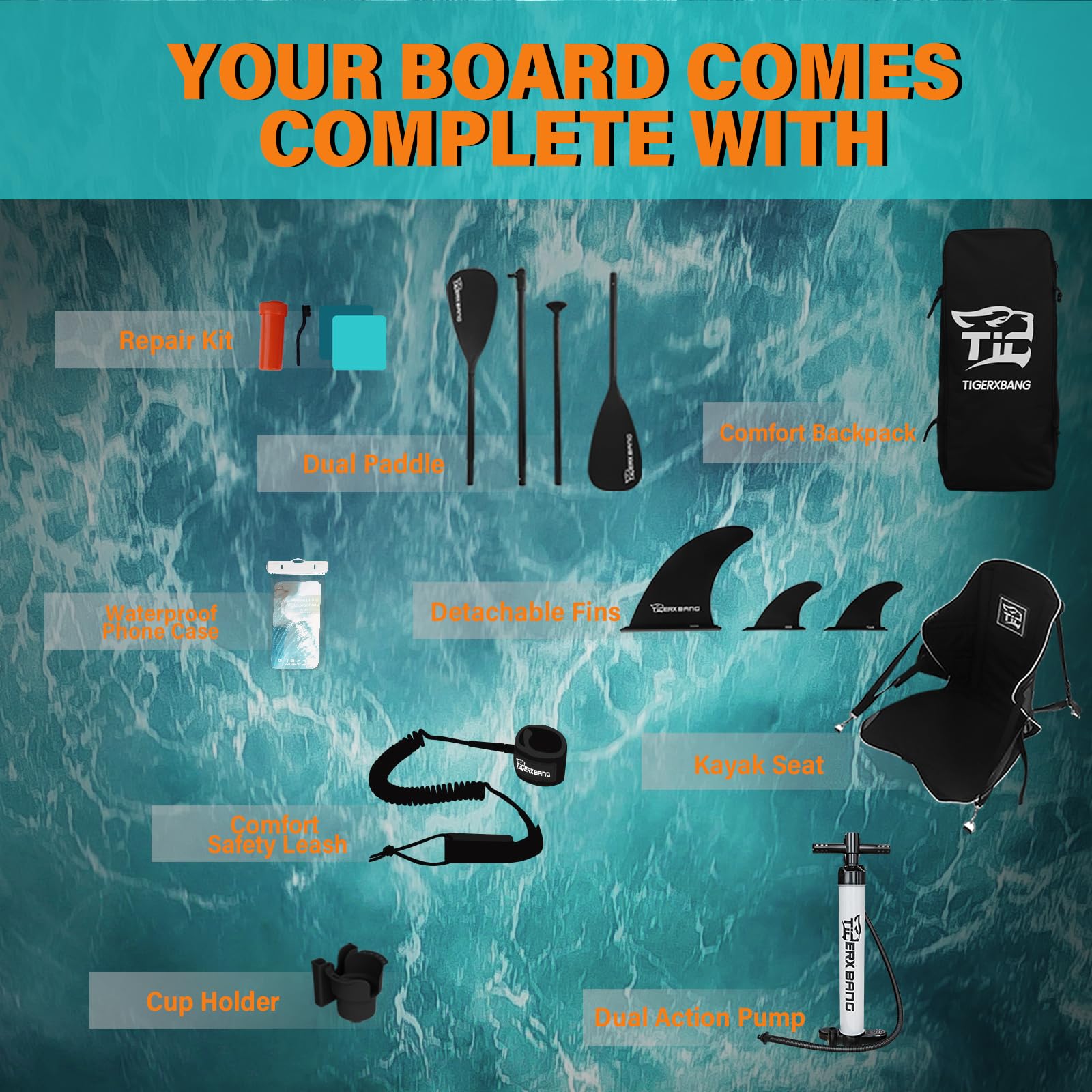 TIGERXBANG Aufblasbares Stand Up Paddle Board 335×86×15 cm – Premium SUP Set mit komplettem Zubehör | Vielseitiges Paddleboard für Erwachsene