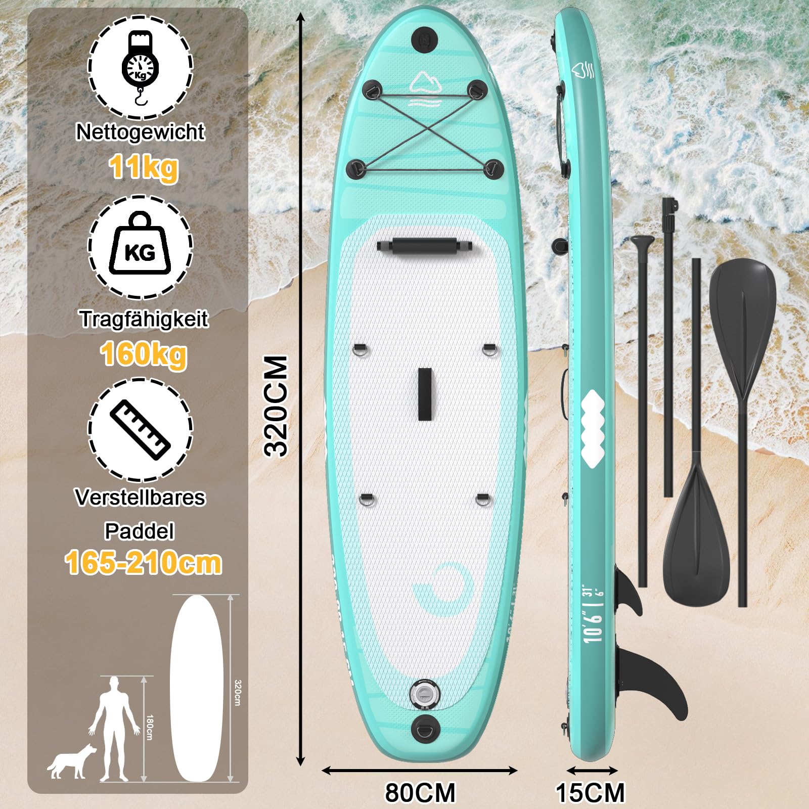 JUMMICO Aufblasbares Stand Up Paddle Board 320×80×15 cm | 2-in-1 SUP Board mit Sitz & Verstellbarem Paddel | Traglast bis 160 kg