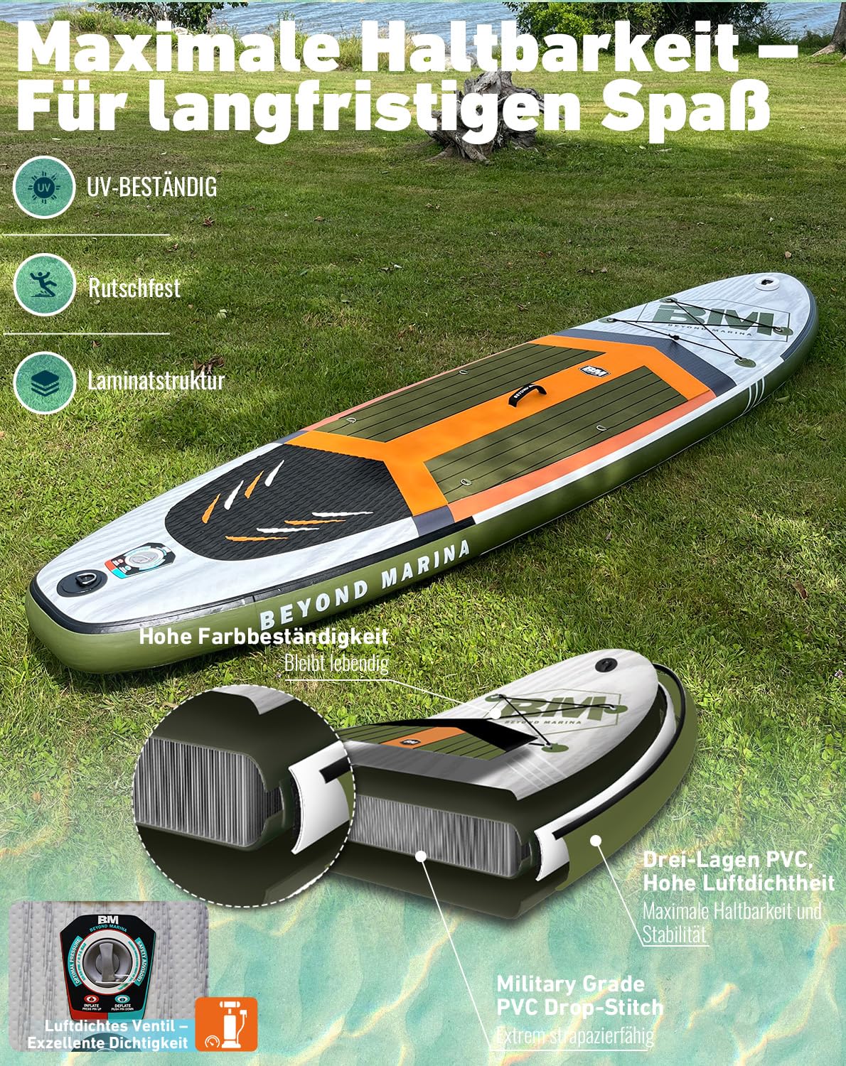 BEYOND MARINA SUP Board aufblasbar 320x81x15cm | Stand Up Paddle Board mit Sitz & 2-in-1 Paddel | Komplettset mit Pumpe, Rucksack & Leash