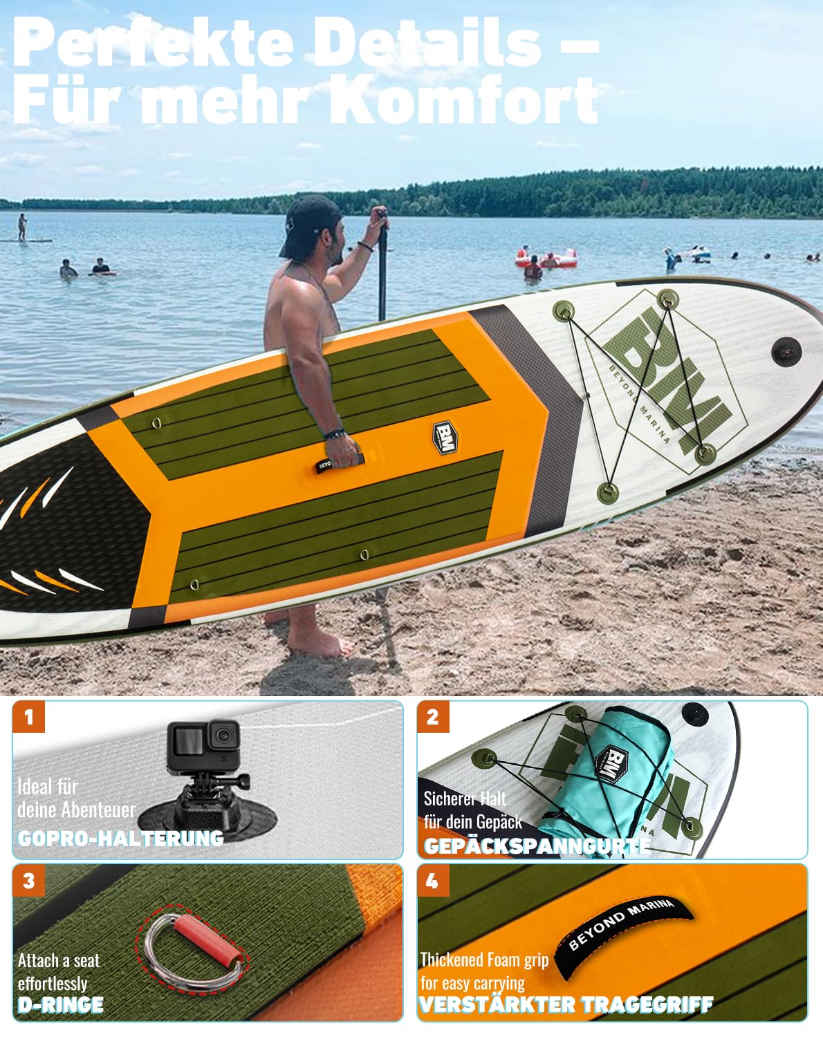 BEYOND MARINA SUP Board aufblasbar 320x81x15cm | Stand Up Paddle Board mit Sitz & 2-in-1 Paddel | Komplettset mit Pumpe, Rucksack & Leash