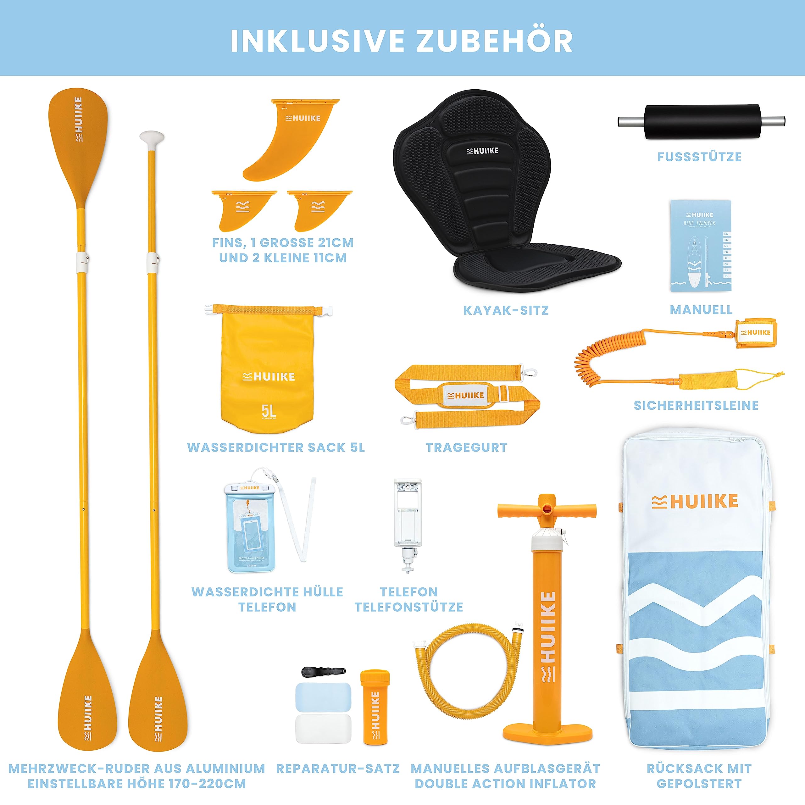HUIIKE Aufblasbares Stand Up Paddle Board 305×84×15 cm | Komplettset mit Paddel, Finnen & Pumpe | Stabiles & Widerstandsfähiges SUP 130 kg