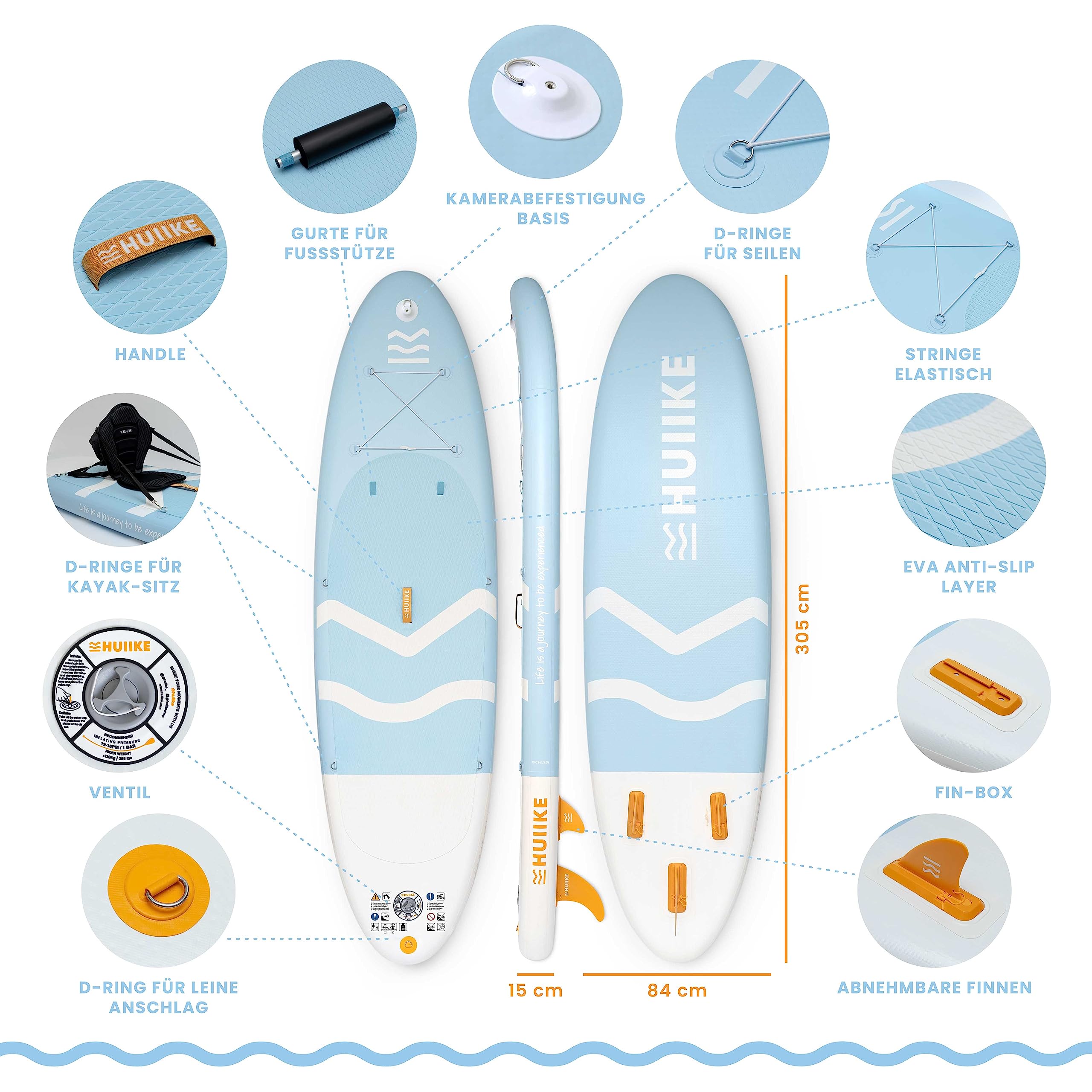 HUIIKE Aufblasbares Stand Up Paddle Board 305×84×15 cm | Komplettset mit Paddel, Finnen & Pumpe | Stabiles & Widerstandsfähiges SUP 130 kg