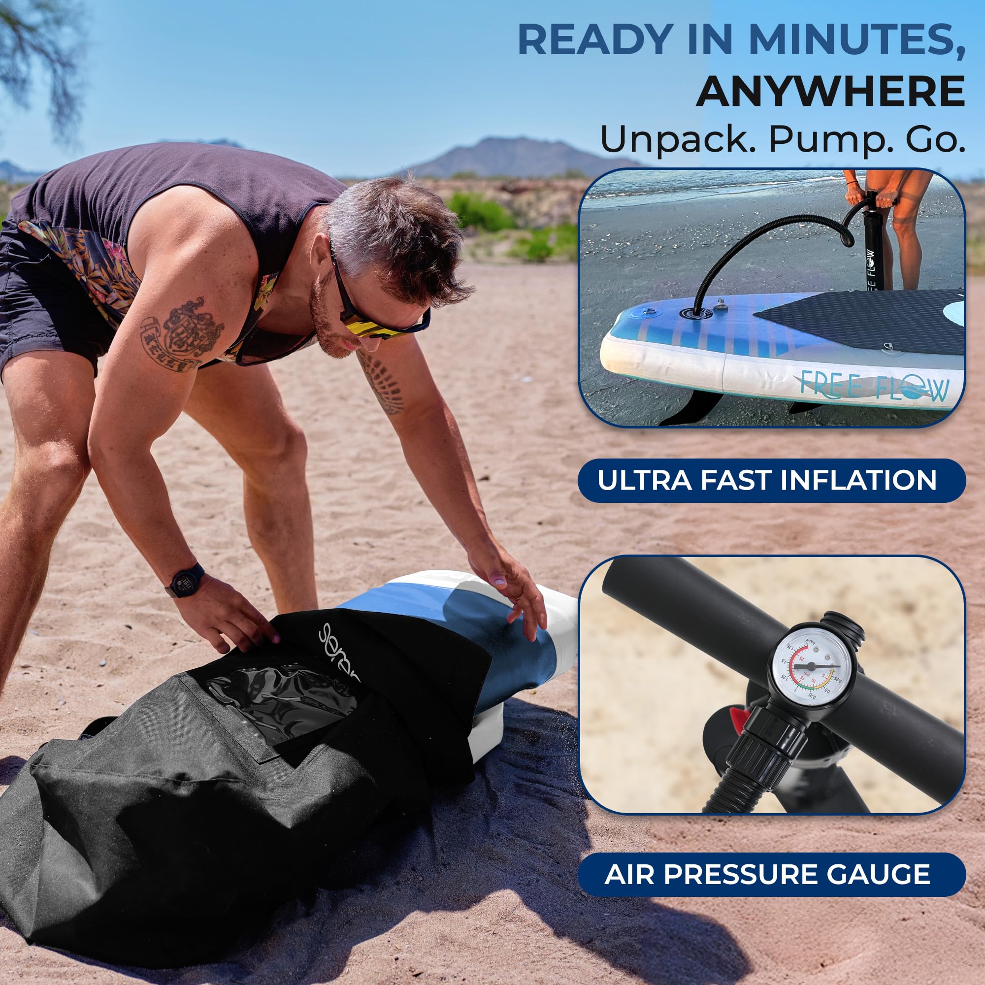 SereneLife SUP Board Set – Aufblasbares Stand Up Paddle Board mit Paddel, Pumpe, Sicherheitsleine, Finne & Rucksack