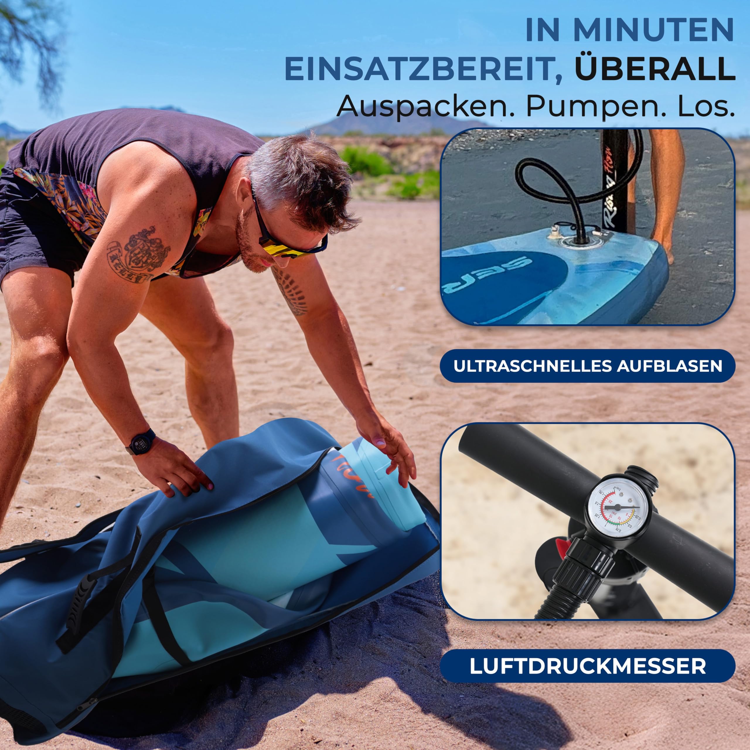 SereneLife Aufblasbares Stand Up Paddle Board Set | Komplettes SUP-Set mit Paddel, Pumpe, Sicherheitsleine, Finne & Rucksack