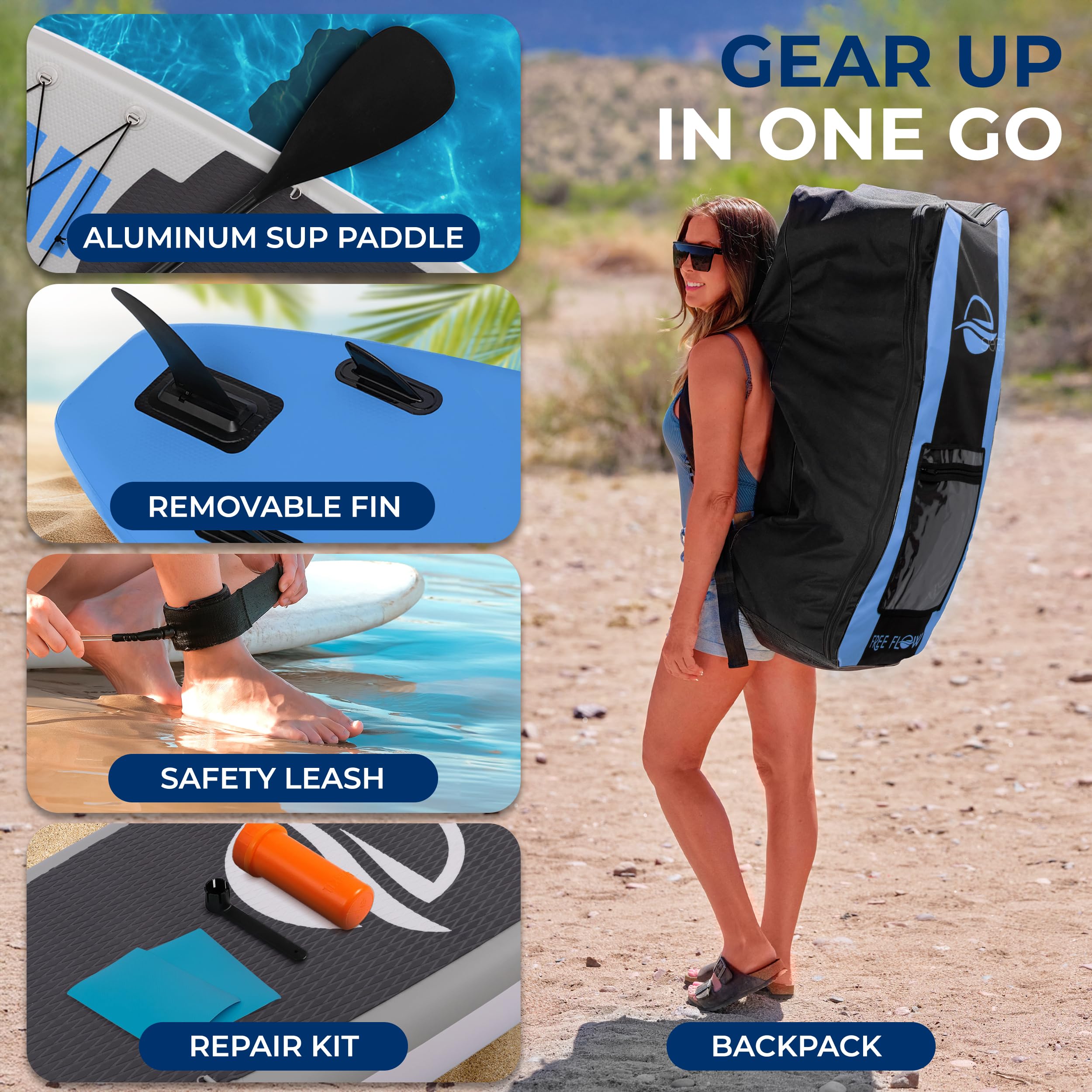 SereneLife SUP Board Set – Aufblasbares Stand Up Paddle Board mit Paddel, Pumpe, Sicherheitsleine, Finne & Rucksack