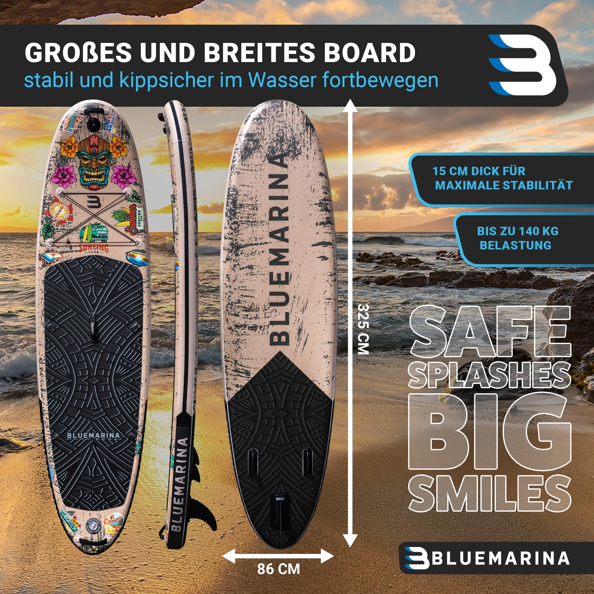 Bluemarina Stand Up Paddle Board aufblasbar | 𝟓 𝐉𝐀𝐇𝐑𝐄 𝐆𝐀𝐑𝐀𝐍𝐓𝐈𝐄 - 140 kg Tragkraft - 325x86x15 cm - Stand Up Paddling