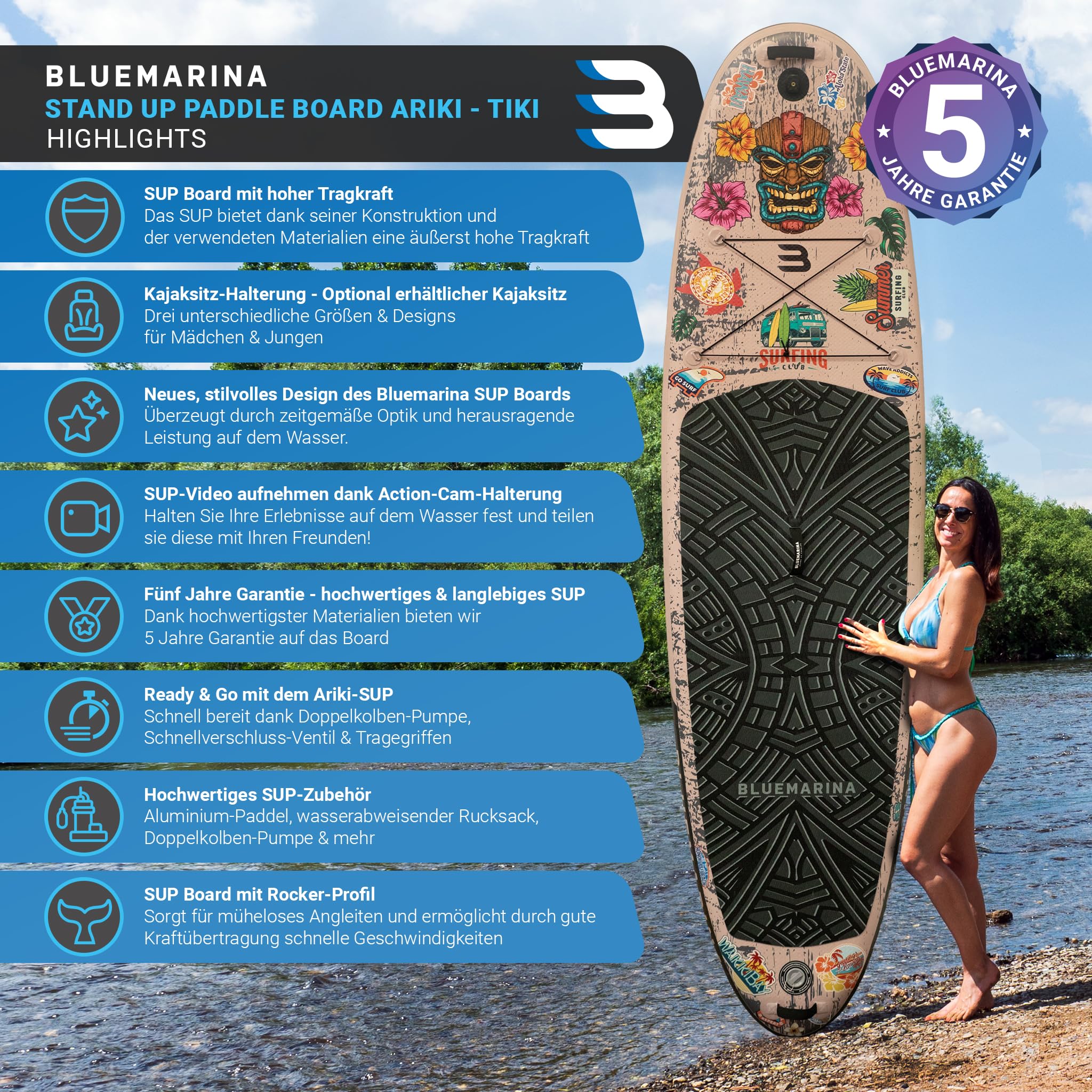 Bluemarina Stand Up Paddle Board aufblasbar | 𝟓 𝐉𝐀𝐇𝐑𝐄 𝐆𝐀𝐑𝐀𝐍𝐓𝐈𝐄 - 140 kg Tragkraft - 325x86x15 cm - Stand Up Paddling