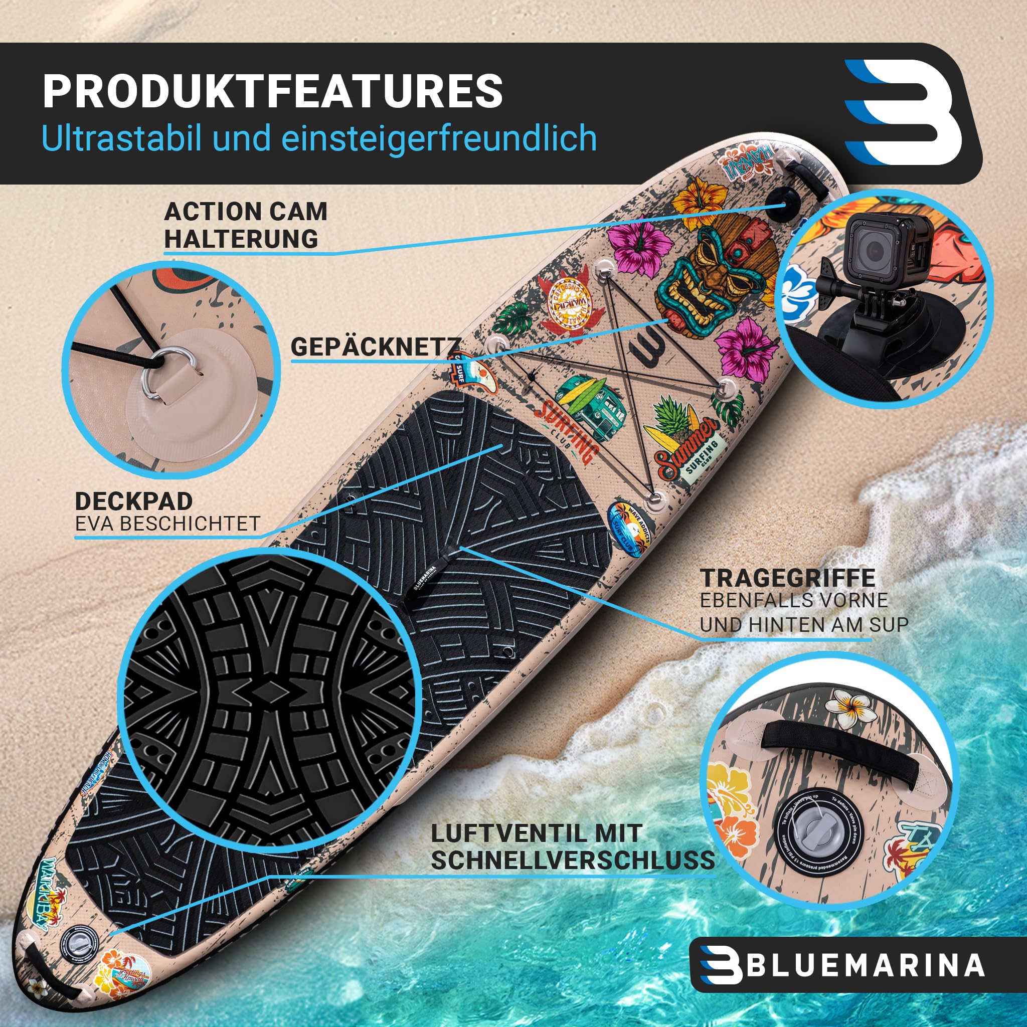Bluemarina Stand Up Paddle Board aufblasbar | 𝟓 𝐉𝐀𝐇𝐑𝐄 𝐆𝐀𝐑𝐀𝐍𝐓𝐈𝐄 - 140 kg Tragkraft - 325x86x15 cm - Stand Up Paddling