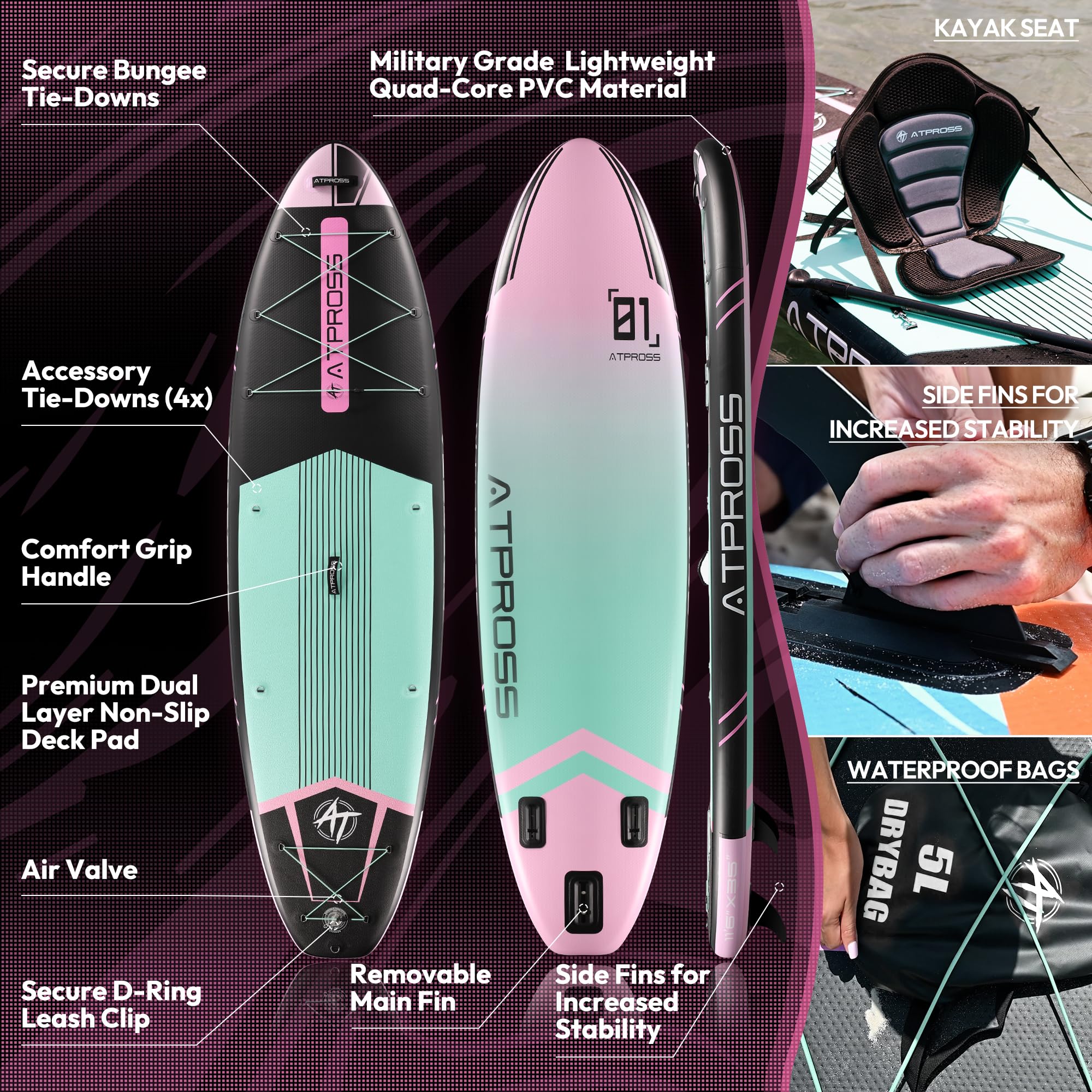 ATPROSS SUP Board aufblasbar 350x89x15cm, Extra breites Stand Up Paddle Board 200 kg, inkl. Zubehör & Rucksack,, Surfen, Kajak