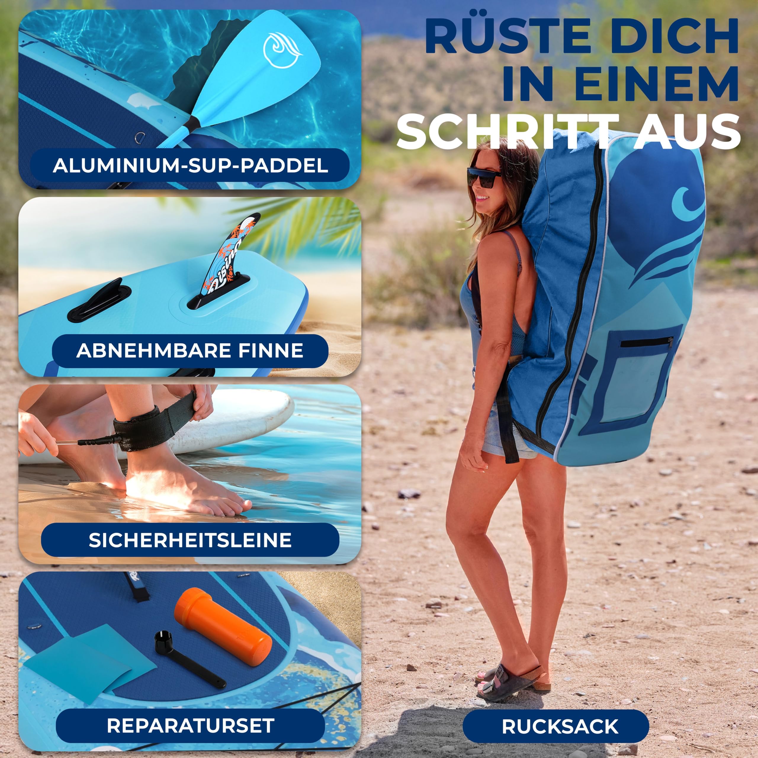 SereneLife Aufblasbares Stand Up Paddle Board Set | Komplettes SUP-Set mit Paddel, Pumpe, Sicherheitsleine, Finne & Rucksack